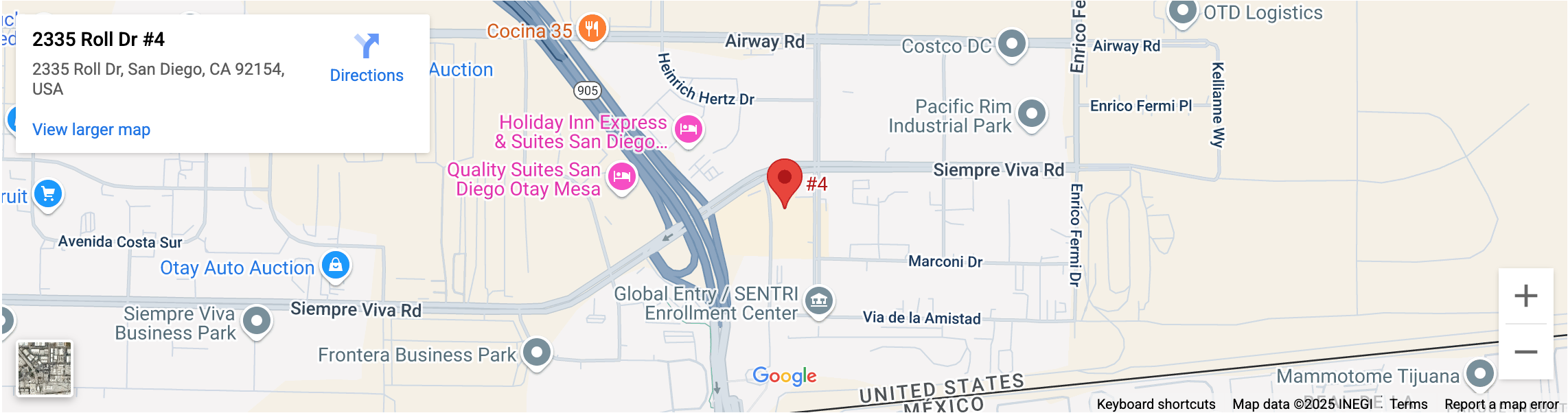 Map showing the location of 2335 Roll Dr #4, San Diego, CA 92154, with nearby businesses and roads.