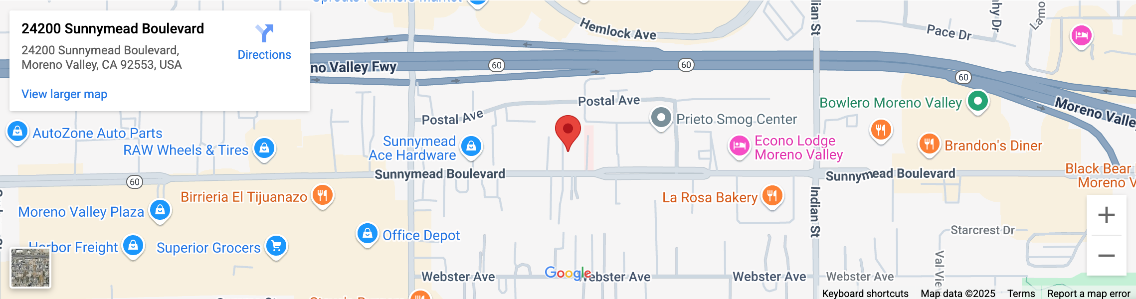 The map displays the location of 24200 Sunnymead Blvd, Moreno Valley, CA 92553, along with the nearby businesses and roads.