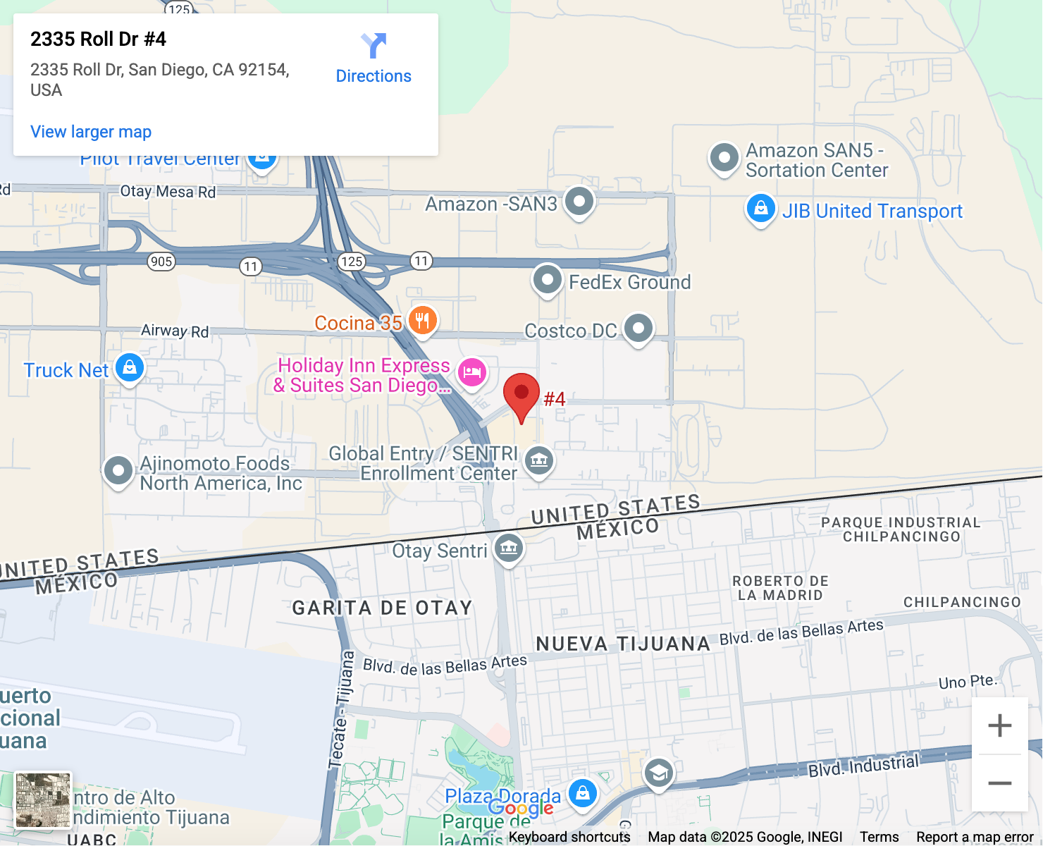 Map showing the location of 2335 Roll Dr #4, San Diego, CA 92154, with nearby businesses and roads.