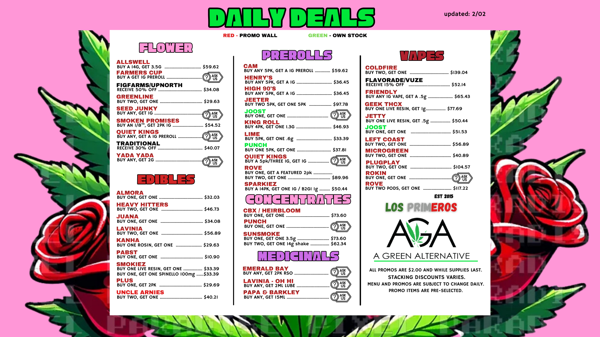 Daily Deals menu listing cannabis promotions by category (Flower, Edibles, Prerolls, Vapes, Concentrates, Medicinals).