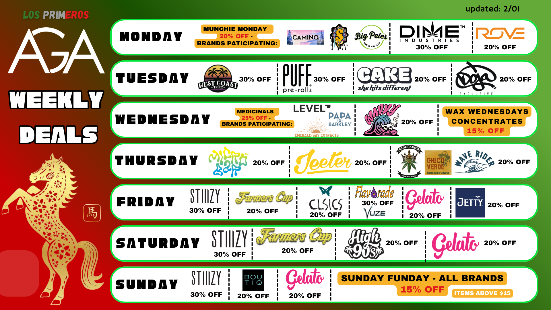 AGA Weekly Deals schedule for Monday–Sunday with brand discounts; updated 2/01.