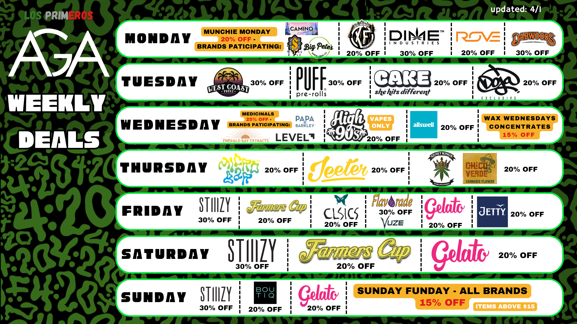 AGA Weekly Deals schedule for Monday–Sunday with participating brands and discount percentages; updated 4/1.
