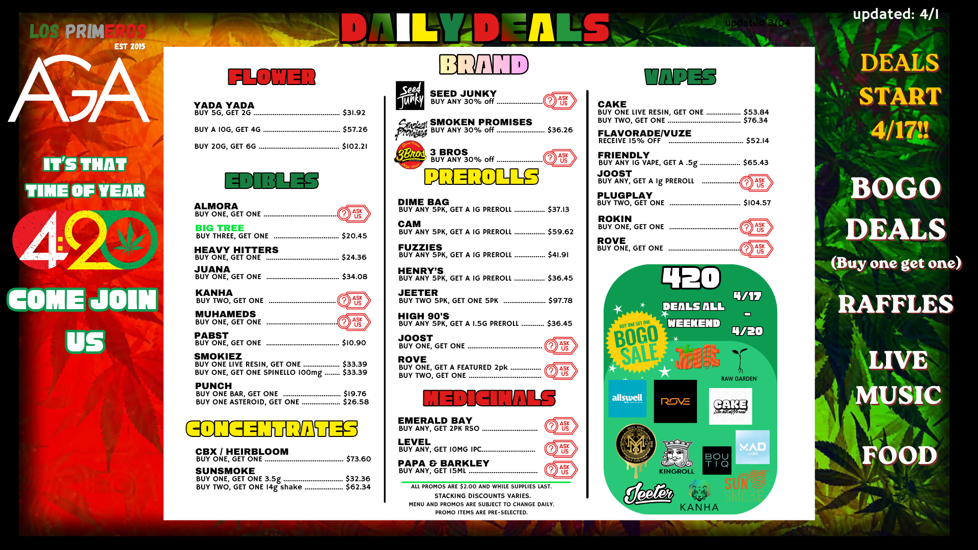 AGA Daily Deals flyer for 4/20 season with BOGO deals starting 4/17, plus raffles, live music, and food; updated 4/1.