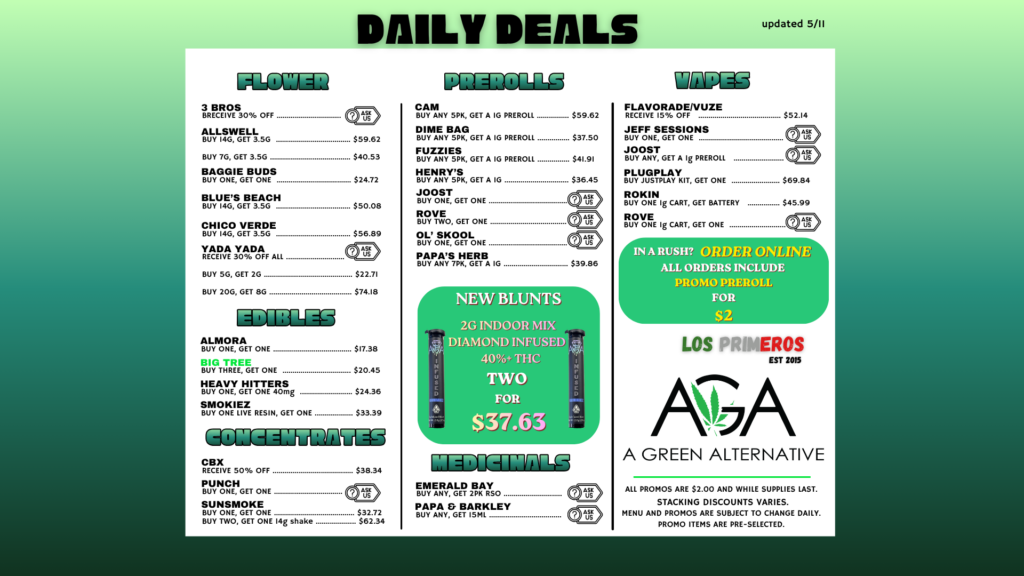 A Green Alternative daily deals menu updated May 11, featuring cannabis promotions for flower, edibles, concentrates, prerolls, vapes, medicals, and online orders.