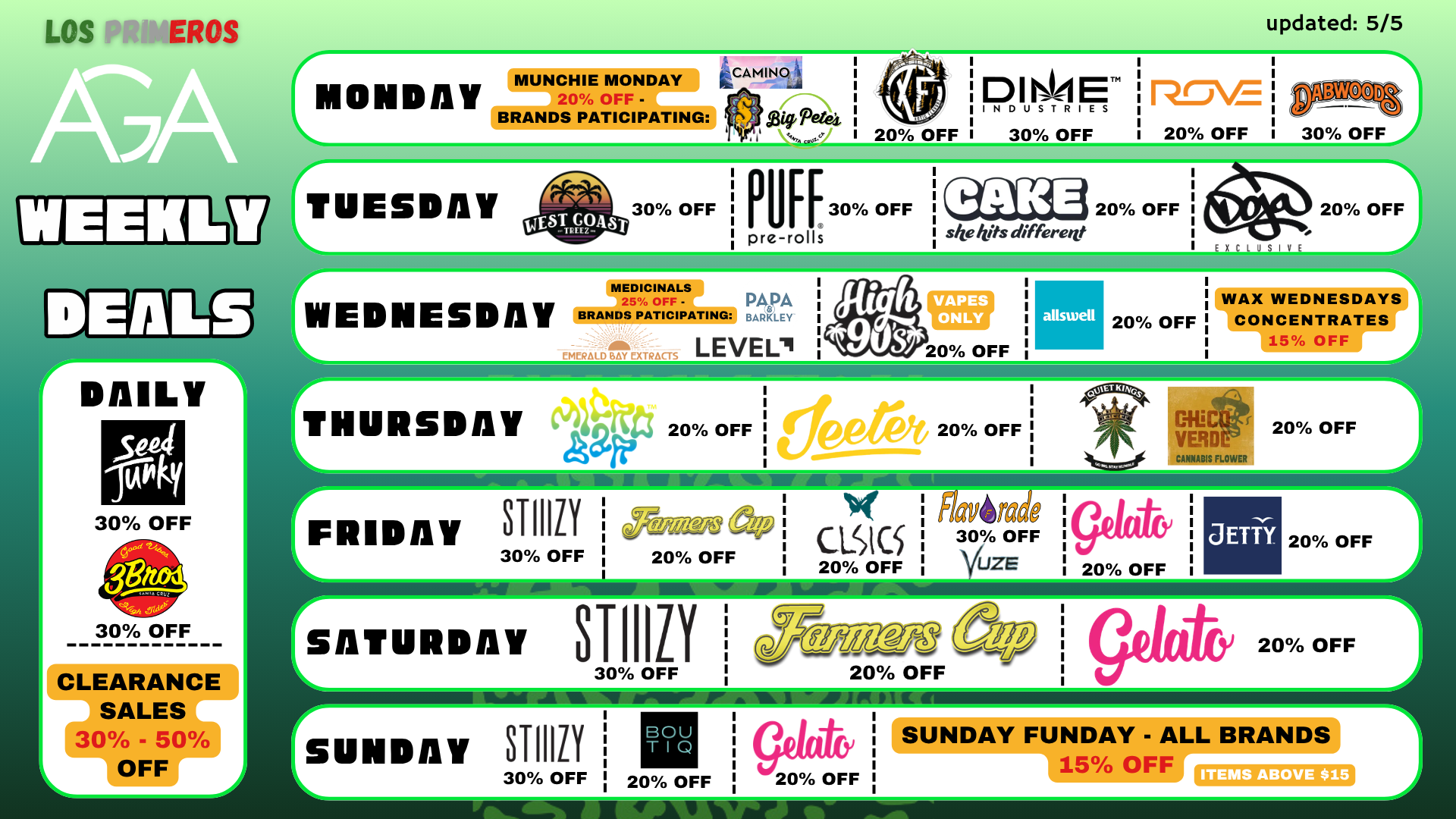 A Green Alternative weekly deals menu updated May 5, showing cannabis brand discounts and daily promotions from Monday through Sunday.