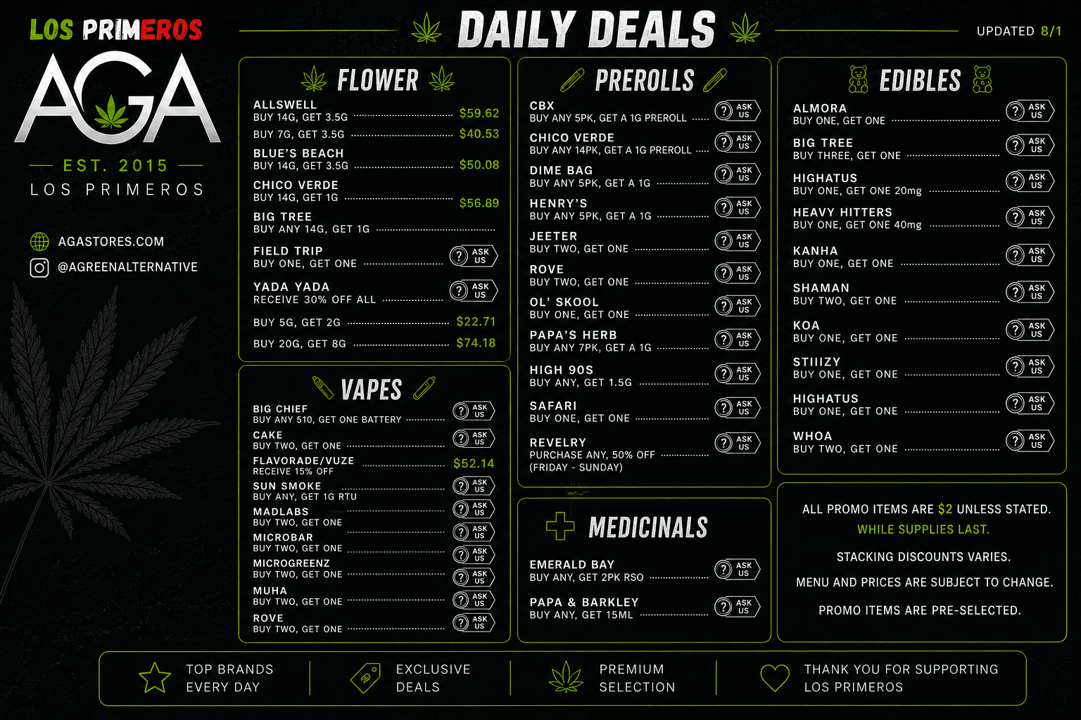 Los Primeros AGA daily cannabis deals by product category, updated August 1.