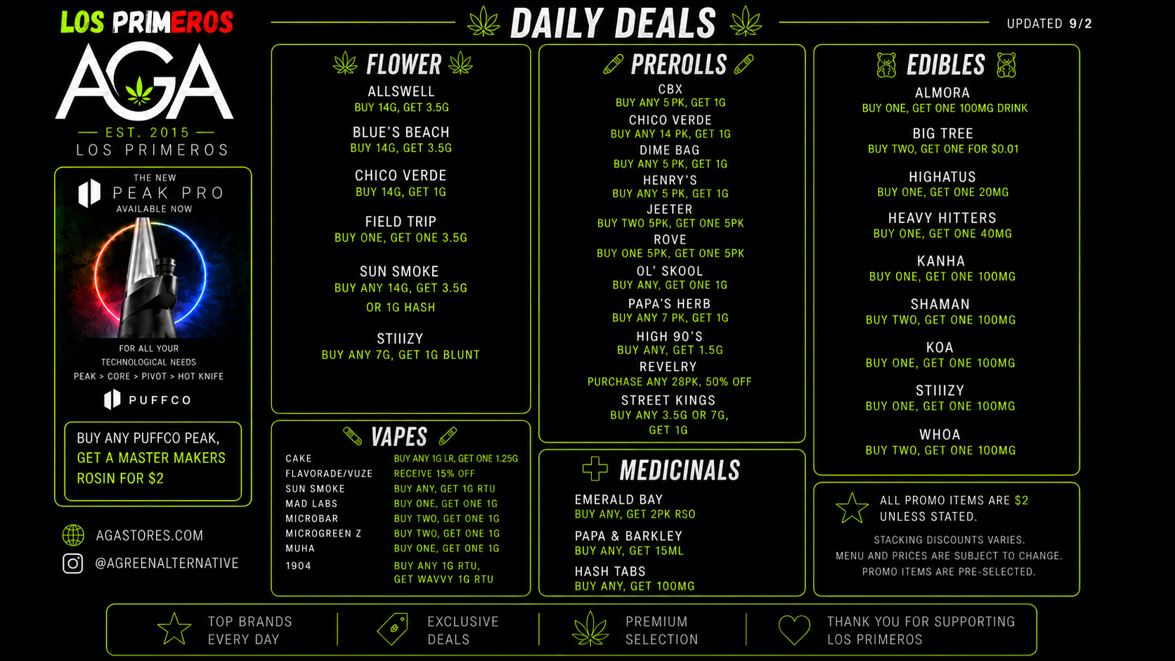 Los Primeros AGA daily deals for flower, prerolls, edibles, vapes, and medicinal products, updated September 2, 2026.