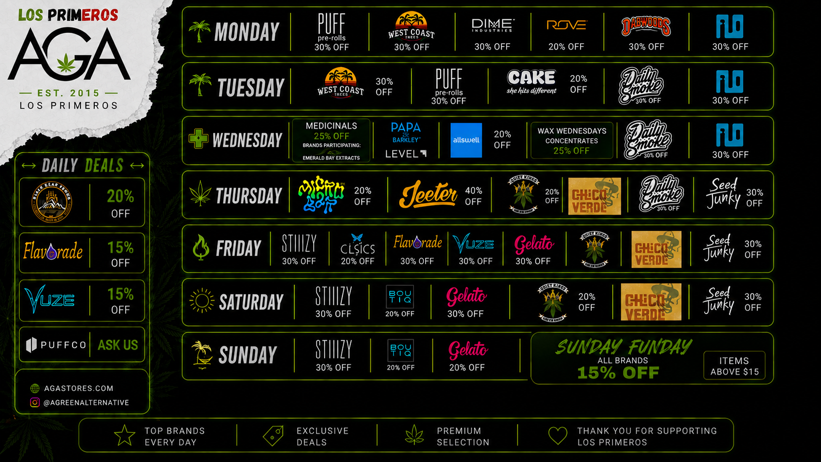 Los Primeros AGA weekly deals schedule with brand discounts Monday through Sunday.